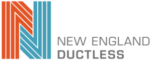 A logo featuring a stylized letter N, formed by orange and light blue parallel lines, with the words 'NEW ENGLAND DUCTLESS' in gray text to its right, all on a reddish-brown background.