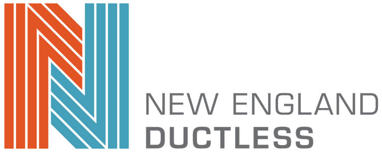 A logo featuring a stylized letter N, formed by orange and light blue parallel lines, with the words 'NEW ENGLAND DUCTLESS' in gray text to its right, all on a reddish-brown background.
