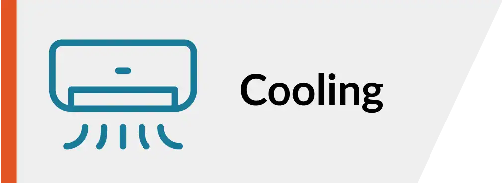 Blue outline icon of an air conditioner blowing cool air, next to the black word "Cooling" on a light gray background.