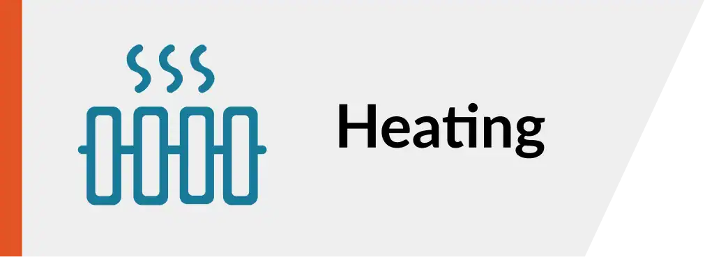Icon of a radiator with wavy lines above it, next to the word Heating, on a light gray tab with an orange left border.