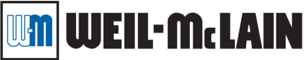 Logo with a white square containing stylized blue letters 'w-m', where 'w' is outlined and 'm' is solid. To the right, the text 'WEIL-MCLAIN' in dark gray capital letters.