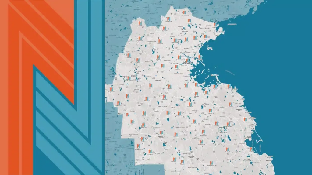 A map of San Francisco displays multiple small bar chart icons spread across the city's neighborhoods, set against a blue background with geometric patterns on the left.