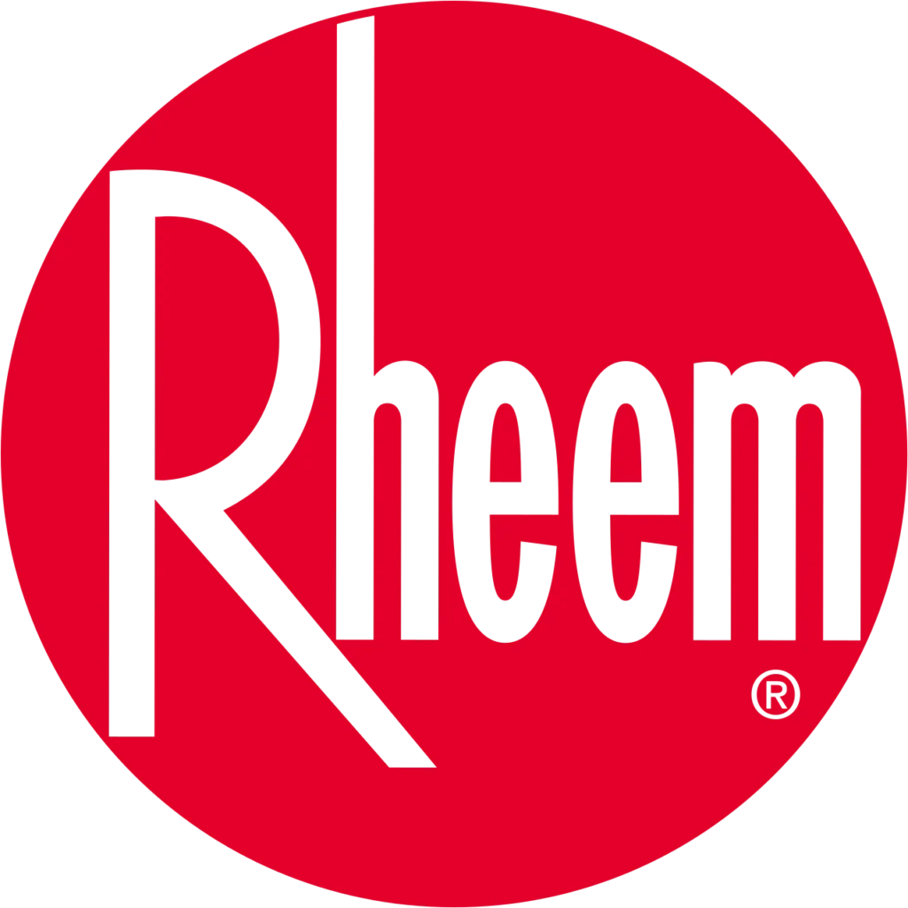Rheem logo featuring the word "Rheem" in black text with a stylized "R" inside a solid red circle.
