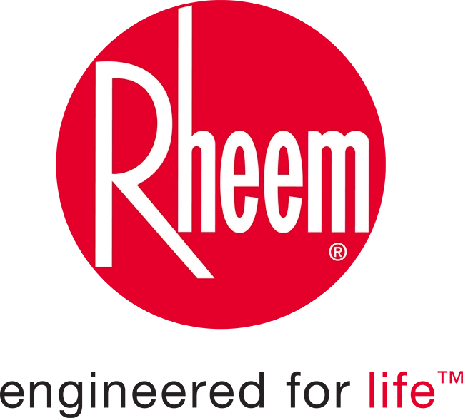Rheem logo with white text on a red oval background and a trademark symbol.