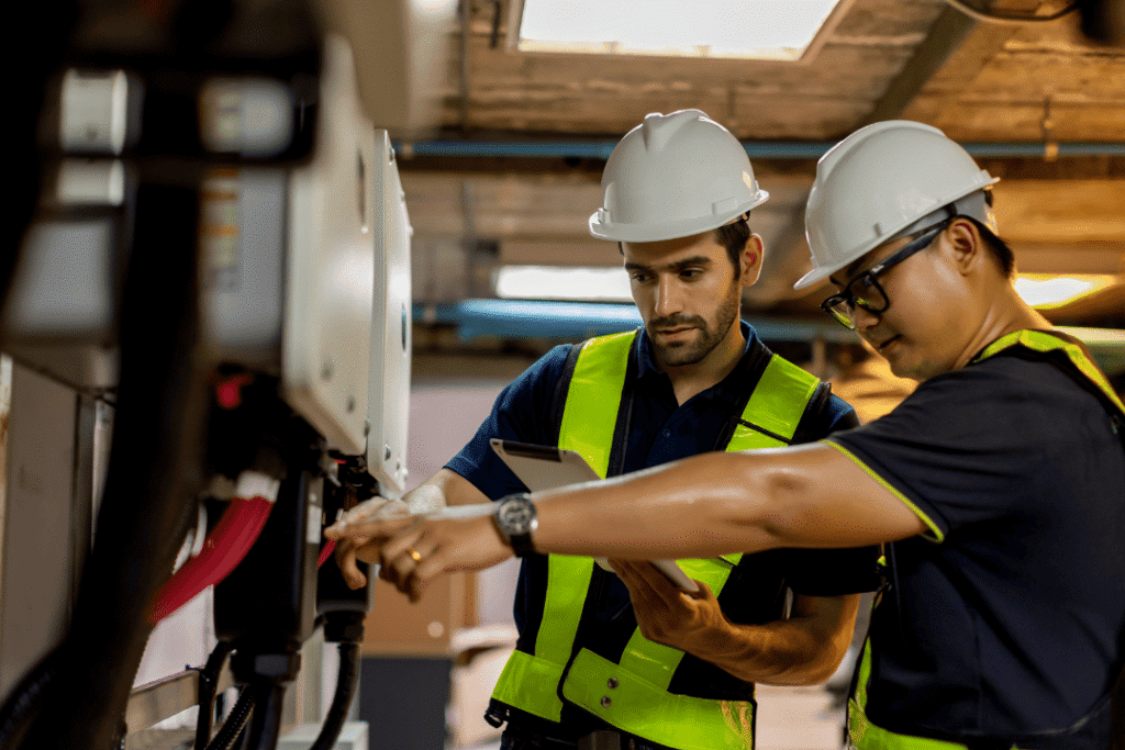 Two workers wearing safety helmets and reflective vests inspect industrial equipment; one points at a component while the other takes notes on a clipboard.