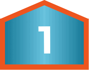 Blue shield shape with an orange border containing a large white number 1 in the center.