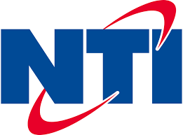 Blue "NTI" text with two red swoosh lines looping around the letters, forming the logo for NTI.